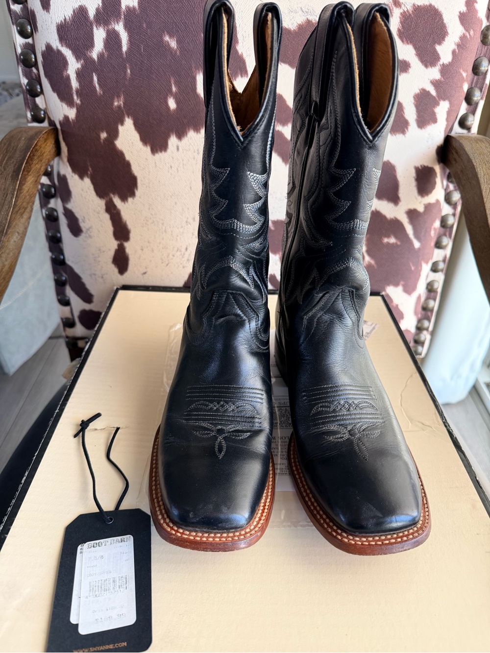 Shyanne Black Leather Cowboy Ankle Boots with Brown Welt